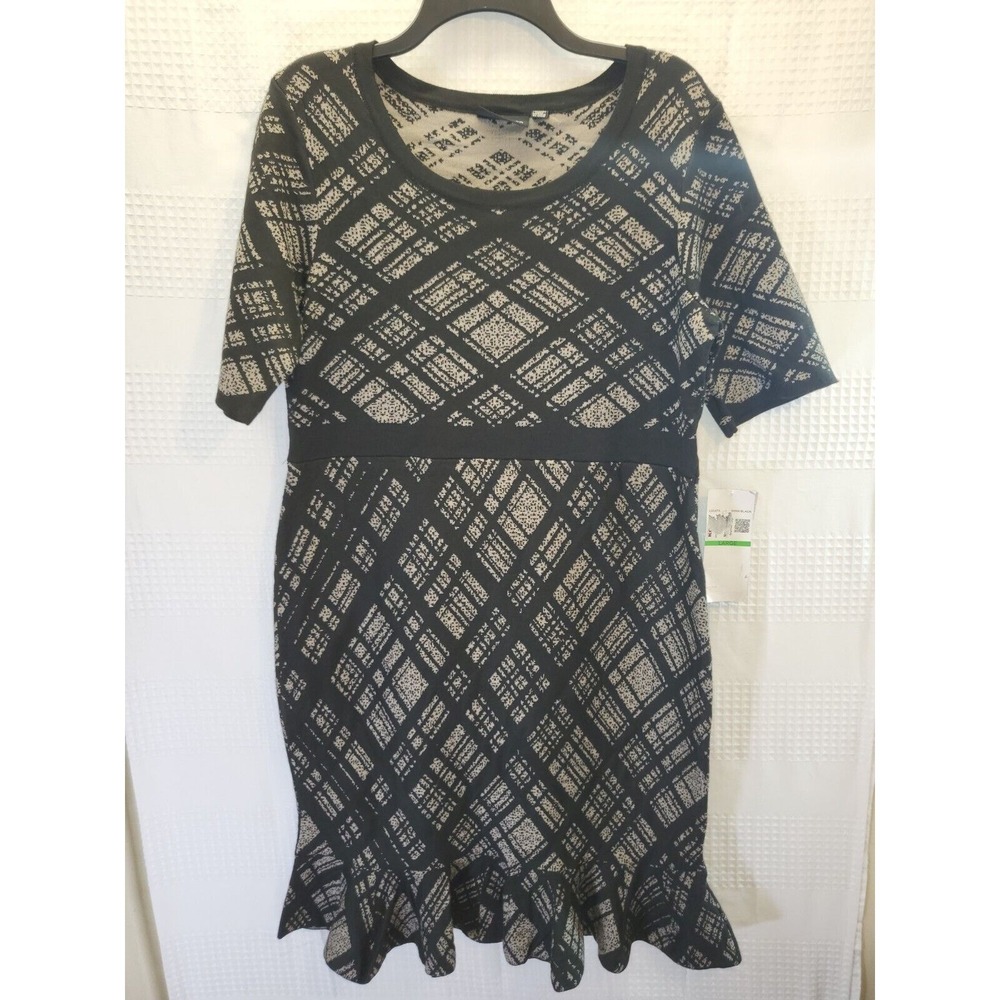 Nina Leonard Dress Large Plaid Ruffle Hem Black Gray Midi Short Sleeve Knit
